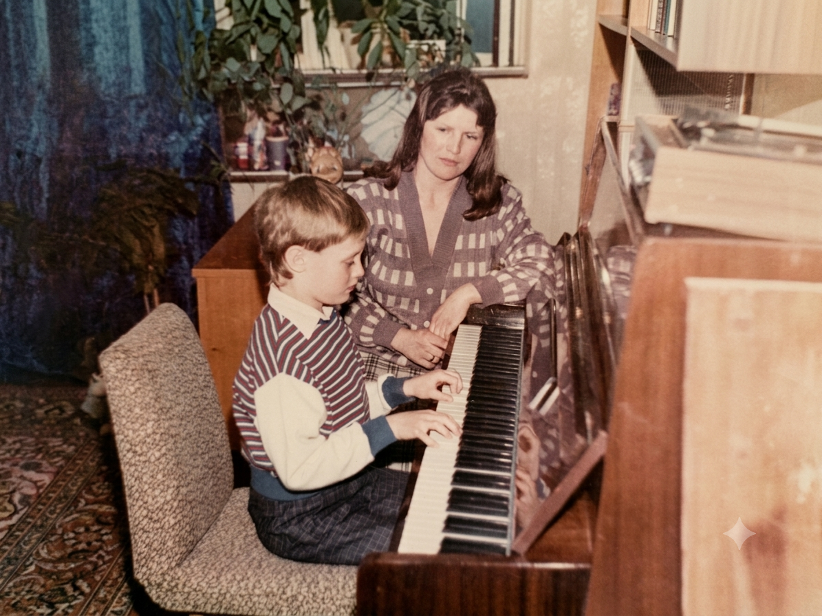 Maris with his mother at the piano